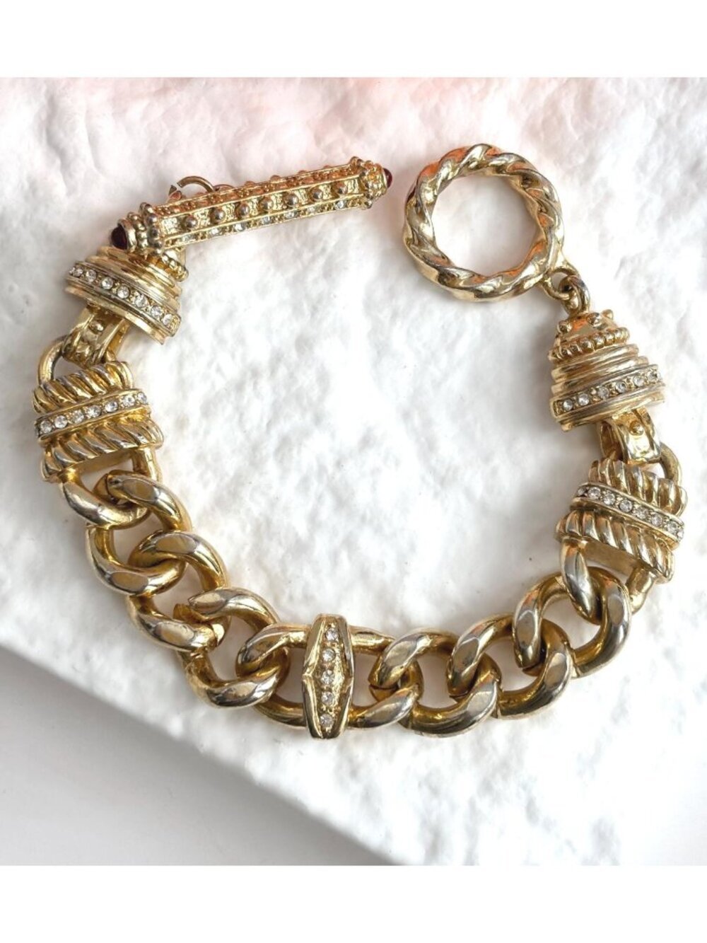 Gold Toned Curb Chain Chunky Rhinestone Accented Vintage 80's Style Bracelet